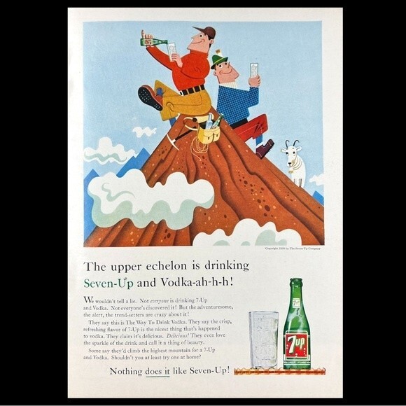 1950's 7-up Print Ad SodaPop Mountain Top Upper Echelon Seven-Up & Vodka VINTAGE - Picture 1 of 9